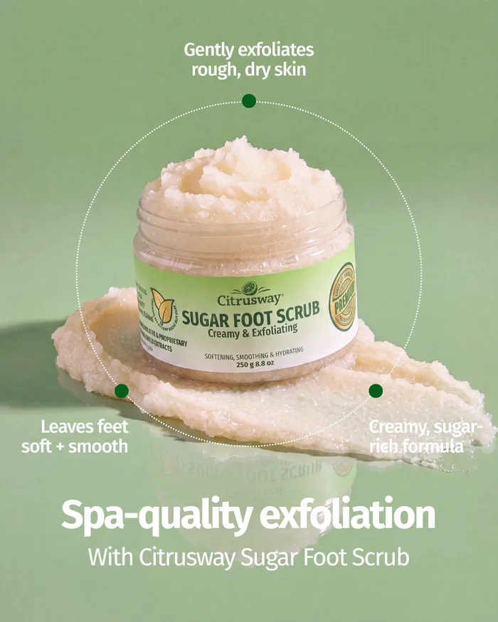 Citrusway Sugar Foot Scrub ad, spa-quality exfoliation product shot on green backdrop